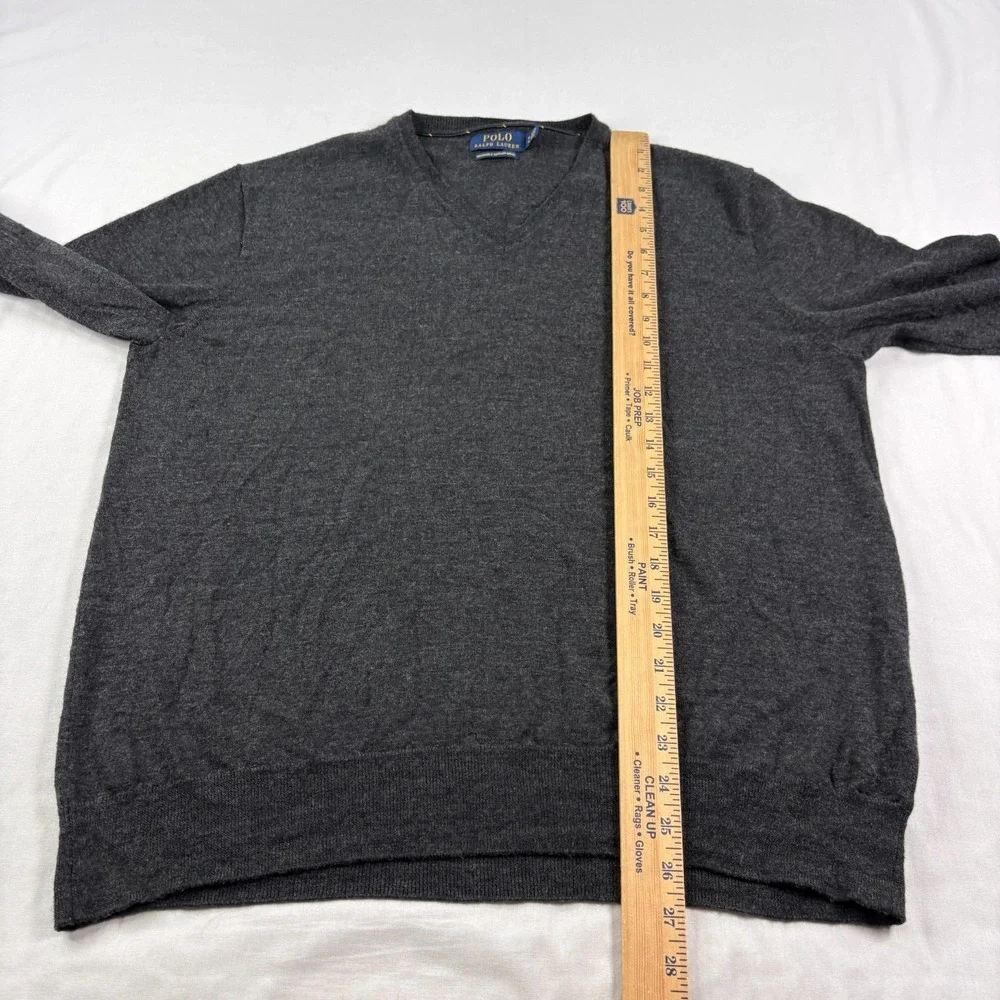 Polo Ralph Lauren Sweater Mens XL Gray Washable Merino Wool V-Neck Pullover